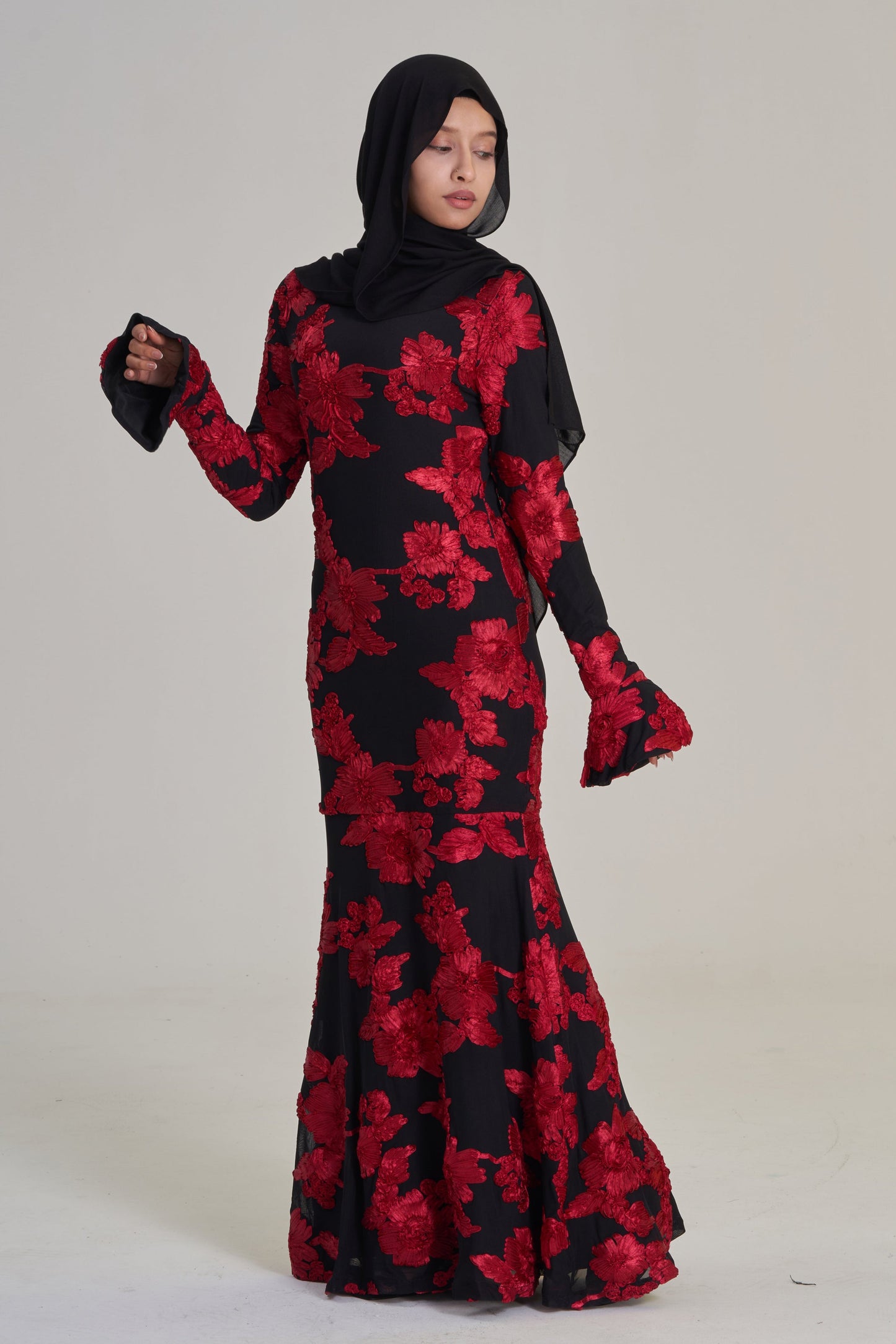 Azra: 3D Red Black Embroidered Mermaid Dress