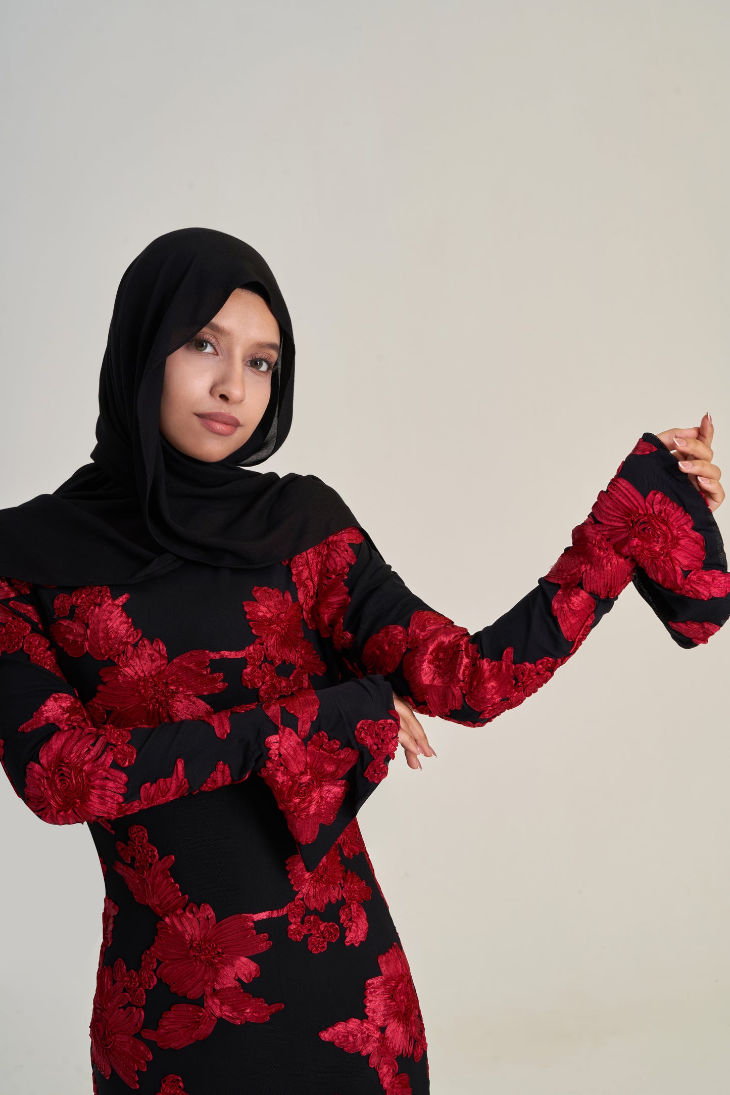 Azra: 3D Red Black Embroidered Mermaid Dress