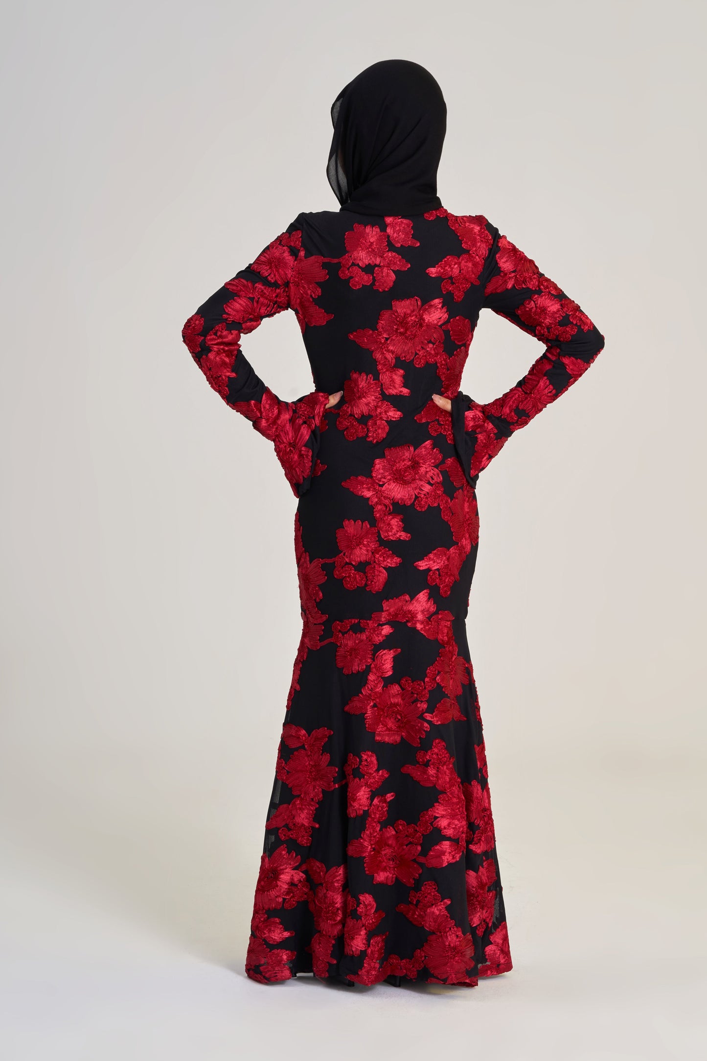 Azra: 3D Red Black Embroidered Mermaid Dress