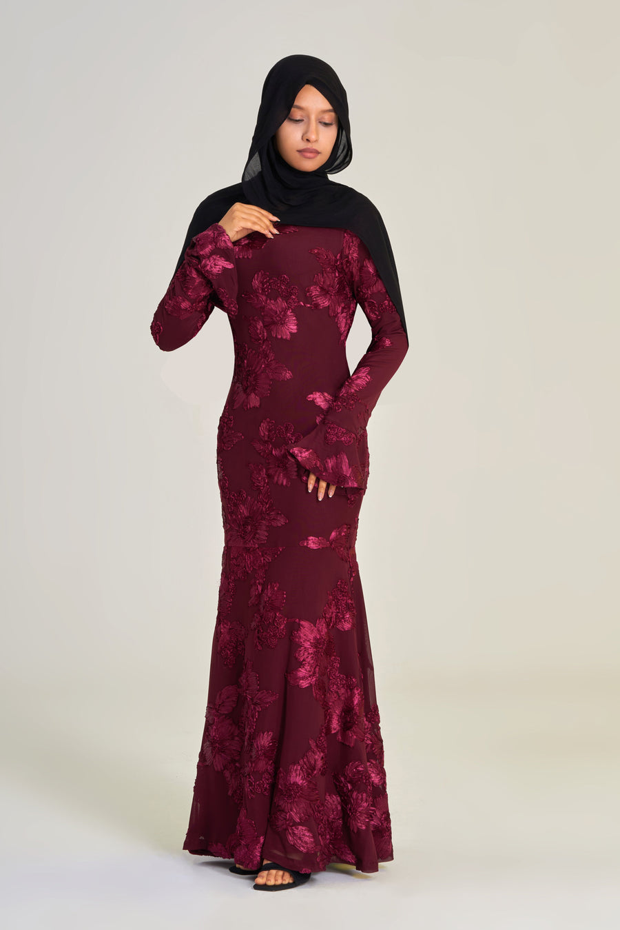 Velara: 3D Maroon Embroidered Mermaid Dress