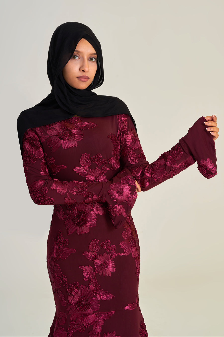 Velara: 3D Maroon Embroidered Mermaid Dress