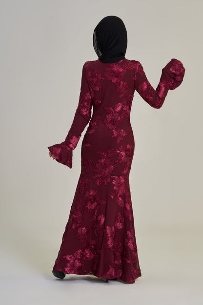 Velara: 3D Maroon Embroidered Mermaid Dress